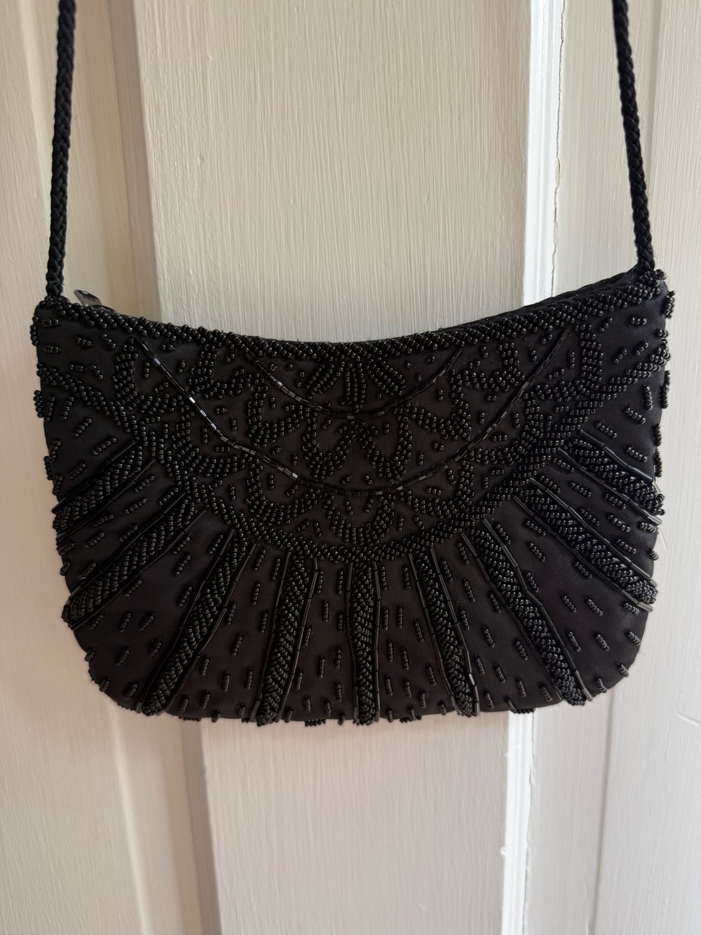 Vintage Black Beaded Evening Clutch with Braided Strap
